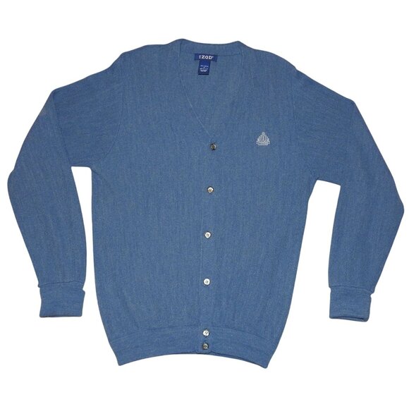 Vintage Izod Button Up Cardigan Sweater Blue V Neck Crest Medium Made in USA - Picture 1 of 6